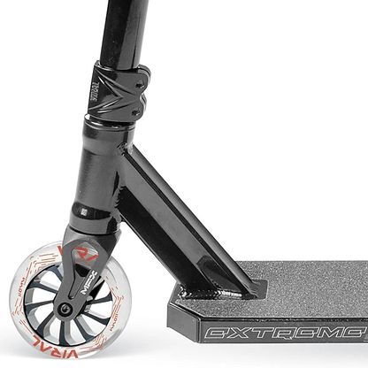 The Madd Gear Viral Extreme Complete Stunt Scooter - Black Shadow by MGP features a black design with white wheels.