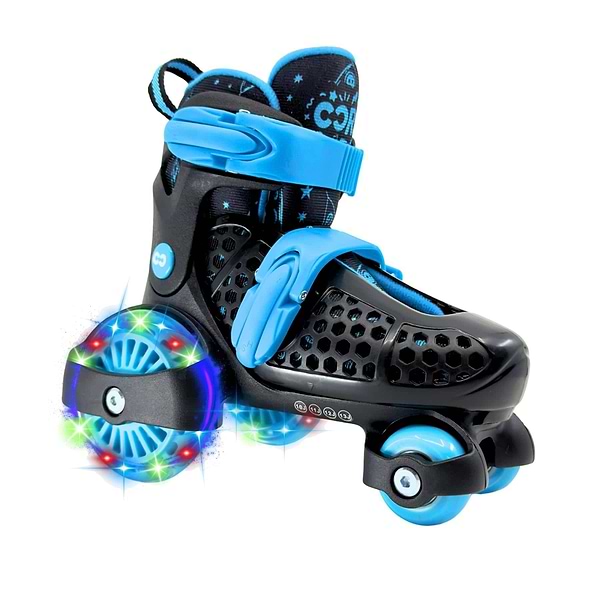 The CORE Kids Newbie LED Adjustable Roller Skates by CORE in black and blue feature three wheels, including front LED light-up wheels, velcro straps, and ventilation holes for comfort and style.