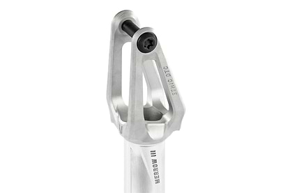 Close-up of the Ethic DTC Merrow V3 IHC Stunt Scooter Fork in raw silver, featuring lightweight 7075 aluminium, a black axle bolt, and engraved "MERROW III" and "ETHIC DTC" text on the side, shown against a white background.