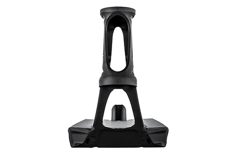 A black, vertical object with a symmetrical, hollow design like a compact stand is set against a white backdrop. Its lightweight form evokes the refined elegance of the Ethic DTC Pandemonium V2 Boxed Black Stunt Scooter Deck, measuring 5.5" x 21.3".
