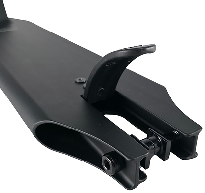 Close-up of the Union Classic Pro Black Stunt Scooter Deck - 4.75" by Union, showing its curved brake and rear axle mount from a rear angled view.