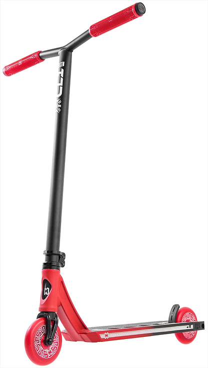 The CORE CL1 Complete Stunt Scooter - Black / Red LE by CORE features red handlebars, a black stem, a red front wheel, and a red deck with white graphics. Its black rear wheel has a fender brake—perfect for your next skatepark session.