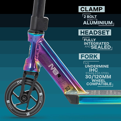 Close-up of the vibrant Invert Supreme Journey 2.5 Jamie Hull Stunt Scooter - Oil Slick Neochrome's front section highlights its durability and maneuverability, perfect for intermediate riders. Features include a sturdy 2-bolt clamp made from 6061-T6 aluminum, a fully integrated and sealed headset, a stainless steel fork, and IHC-compatible wheels sized at 30/120mm.