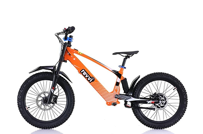 The Revvi 20" Kids Electric Balance Bike in orange features off-road rubber tires, black handlebars, and a blue saddle. With a robust frame, hydraulic disc brakes, and front/rear suspension, it's ideal for tackling rough terrain.