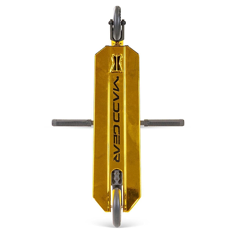 Bottom view of the Madd Gear MG 6 Kinetic Complete Stunt Scooter in gold/black, showing a lightweight aluminium deck, black MGP logo, and two wheels with ABEC-11 High-Speed Chrome bearings on dual axles.