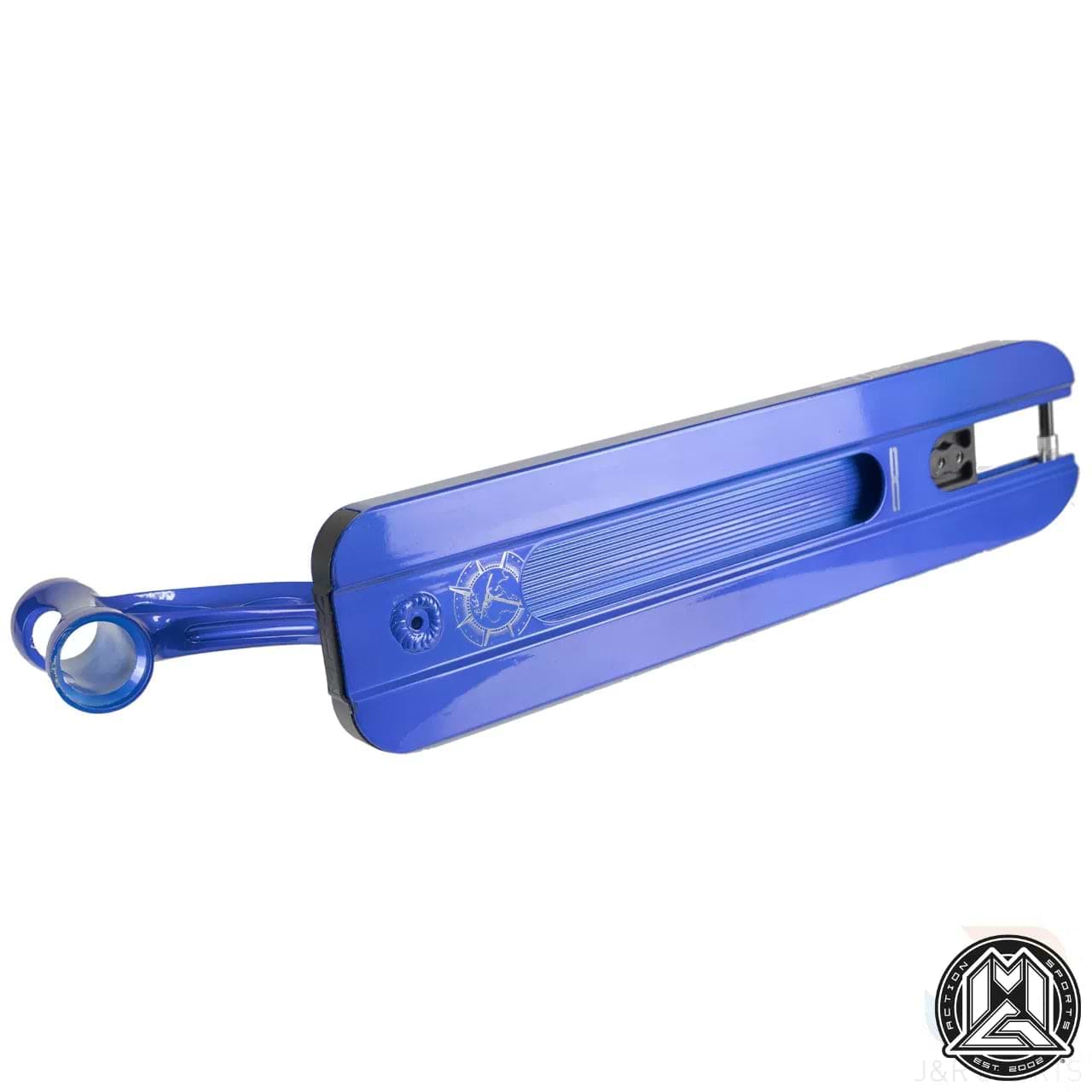 The Madd Gear MGP VX9 Blue Jordan Clark Signature Stunt Scooter Deck (4.5" x 19.5") is shown on a white background, featuring a streamlined design, side cutout, visible mounting holes, and an engraved logo near the headtube.