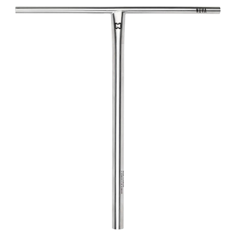 The CORE Nova V2 Titanium Oversized HIC Stunt Scooter Bar (Raw, 630mm x 610mm) is a T-shaped silver metal handlebar with a small center logo and "CORE" on the end, designed for riders seeking premium quality. Shown on a white background.