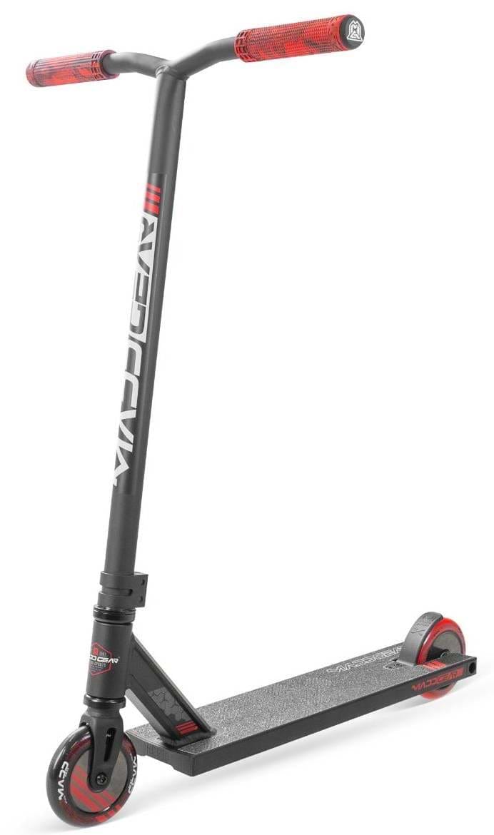 The Madd Gear MG 3 Zen Complete Stunt Scooter - Black / Red features a textured deck, upright handlebars with red grips, two small wheels, branded decals, and a sleek design.