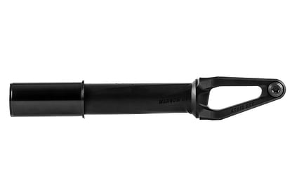 The Ethic DTC Merrow V3 HIC Stunt Scooter Fork in black, crafted from 7075 aluminium with a peg, is shown side-on against a white background. Its lightweight cutout design and "ETHIC DTC" branding are visible on the metal.