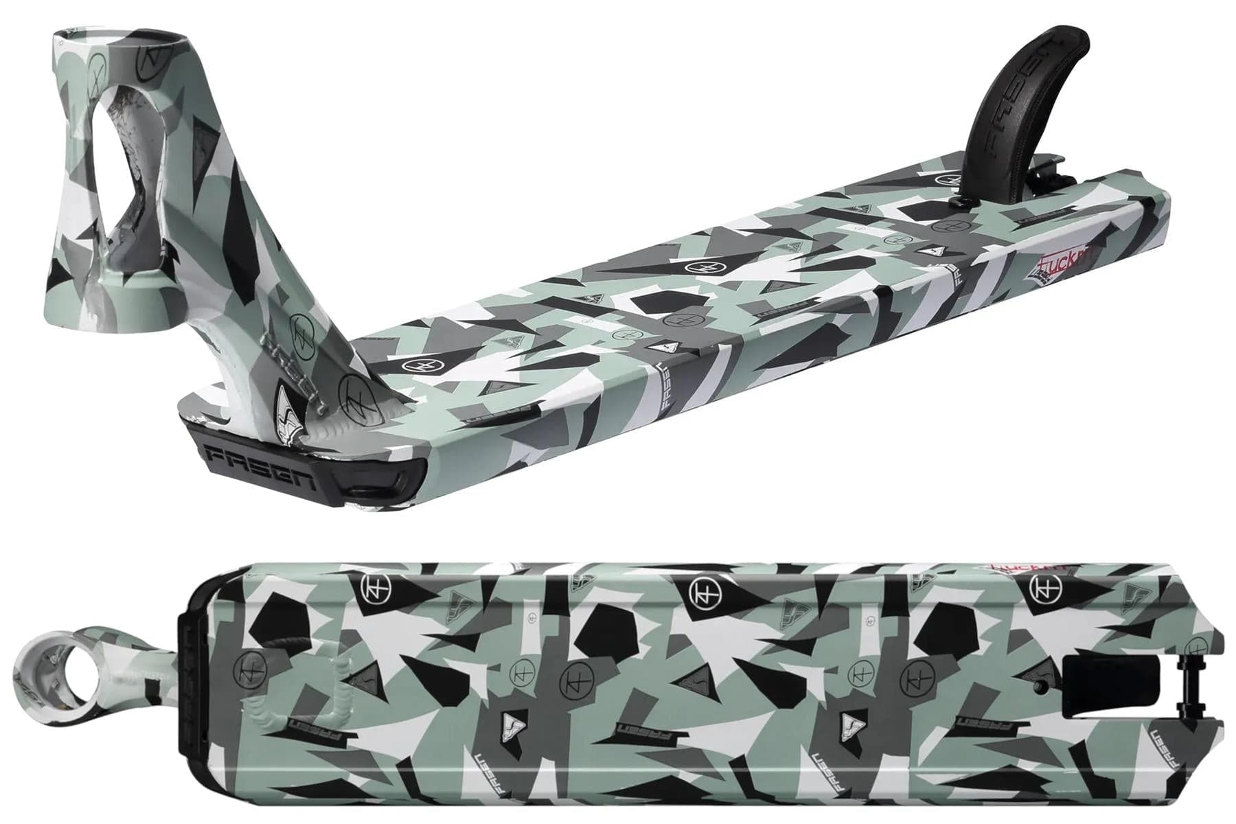 Two views of the Fasen Team Edy Fluckinger Stunt Scooter Deck (4.7" x 20") by Fasen, featuring a bold green, white, and black geometric camo pattern with striking graphics and logos on both the side and top surfaces.