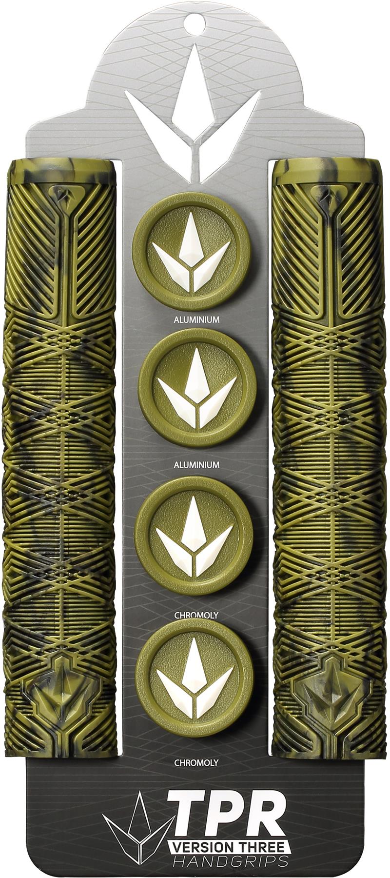 The Blunt Envy V3 Olive/Black Stunt Scooter Grips (160mm) come as a set of two textured grips with four bar ends, ideal for your stunt scooter and displayed on a black and silver "TPR Version Three Handgrips" card.