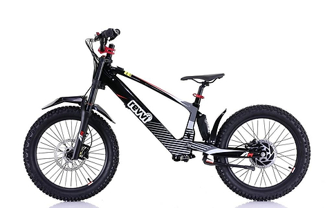 The Revvi 20" Kids Electric Balance Bike in black boasts off-road rubber air-filled tires, disc brakes, and a unique striped frame with front and rear suspension. The brand name "Revvi" is prominently displayed on the frame.