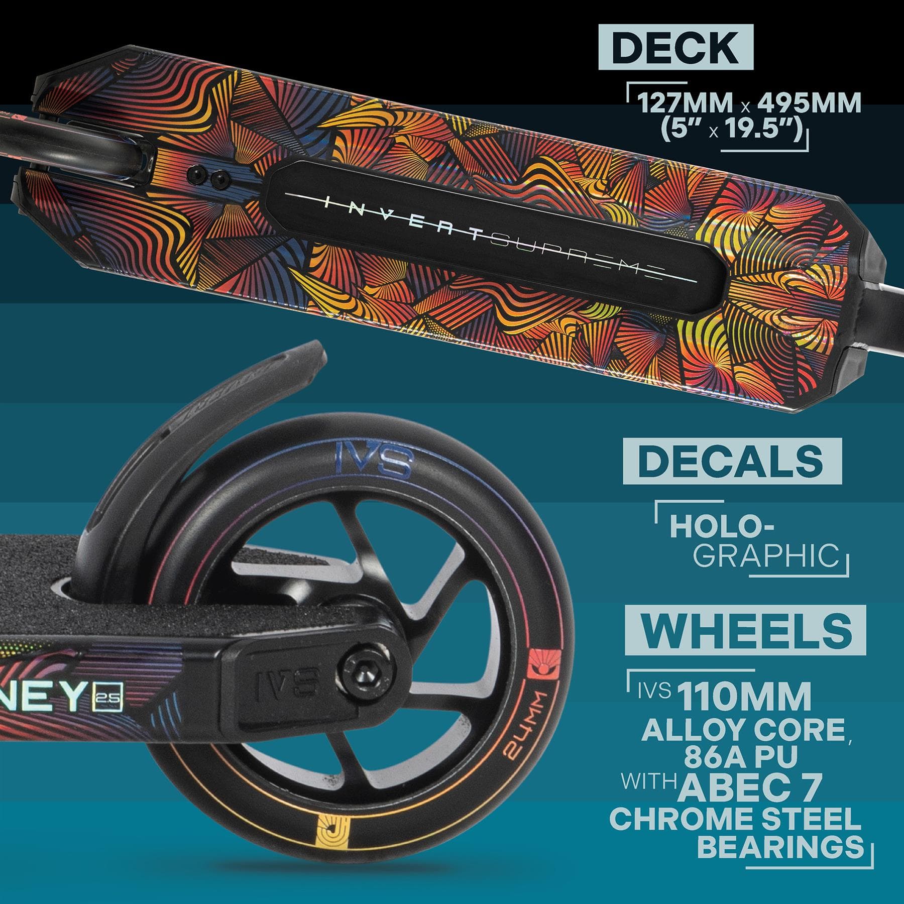 The Invert Supreme Journey 2.5 Jamie Hull Stunt Scooter - Berserk features a vibrant holographic 127mm x 495mm deck and black 110mm alloy core wheel with IVS 86A PU, ABEC 7 bearings—ideal for intermediate riders seeking durability.