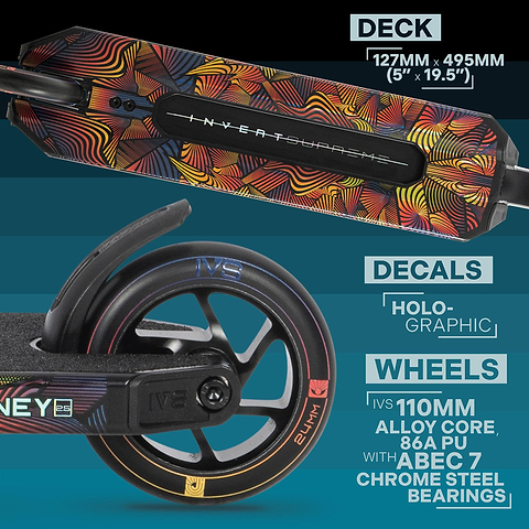 The Invert Supreme Journey 2.5 Jamie Hull Stunt Scooter - Berserk features a vibrant holographic 127mm x 495mm deck and black 110mm alloy core wheel with IVS 86A PU, ABEC 7 bearings—ideal for intermediate riders seeking durability.