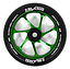 Introducing the Slamm Team 110mm Stunt Scooter Wheel in green: This wheel features a striking black and green design with bold white "SLAMM" and "SUPER HIGH DENSITY" text. It showcases a sleek, aerodynamic central hub, while its high-rebound PU construction and aluminum core deliver exceptional performance.