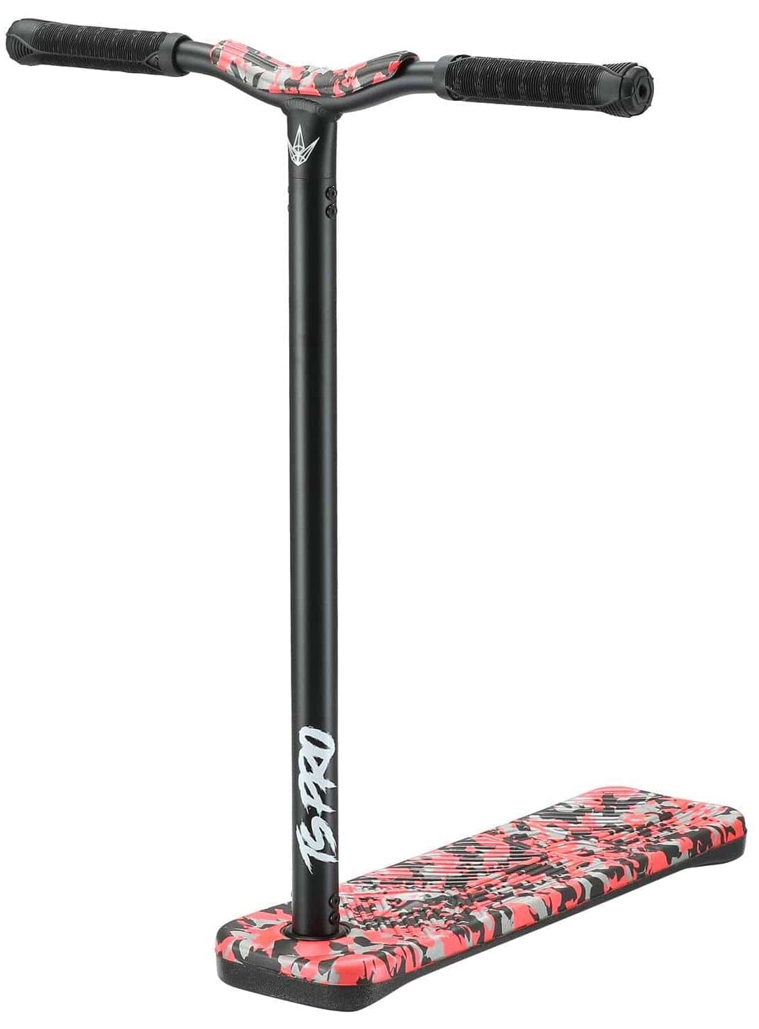 The Blunt Envy TS Pro 6 Indoor Trampoline Stunt Scooter boasts a striking red camo design on the deck. It features customizable height with black handlebars and a T-shaped handlebar stem that prominently displays "PRO.