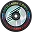 Legacy Ventus 1.5 Pro 110mm Stunt Scooter Wheel in neochrome, featuring a black tire and a central iridescent plate with black geometric line patterns and colorful border graphics.