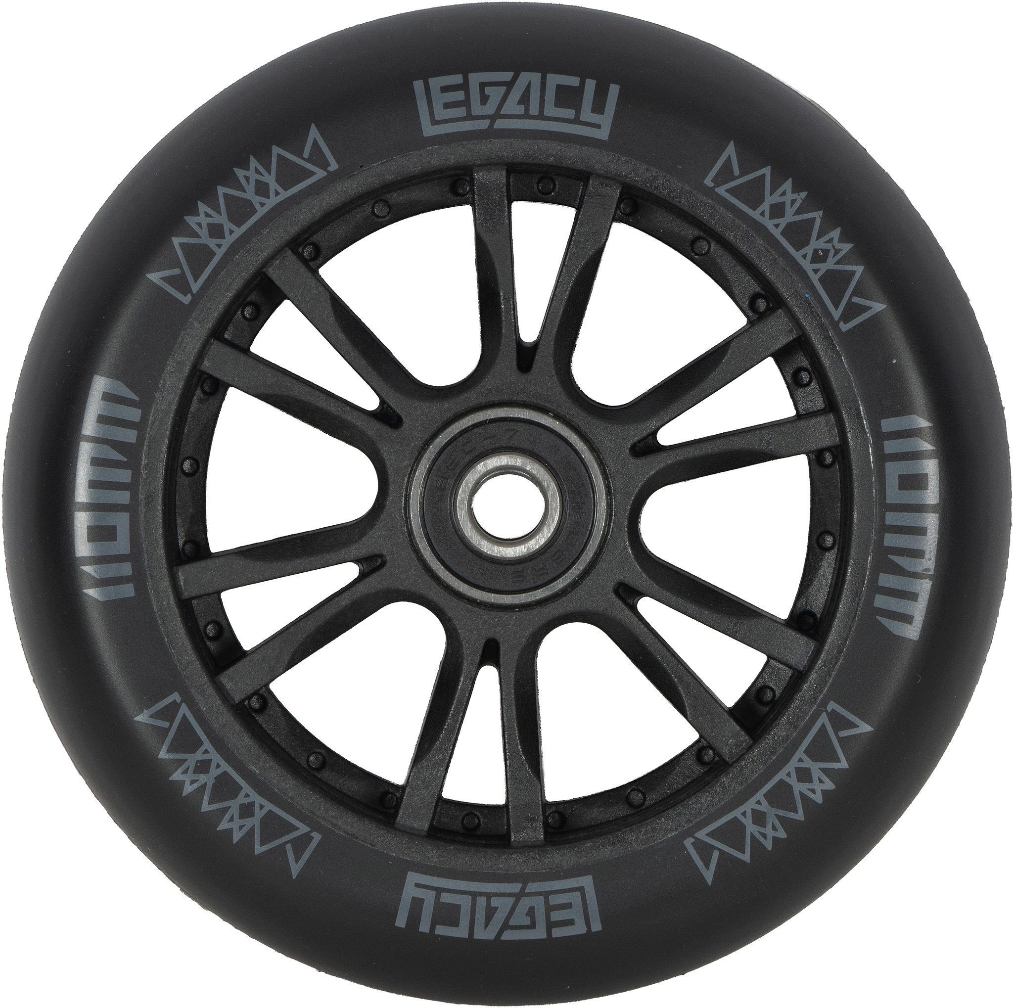Black Legacy Ventus 110mm stunt scooter wheel featuring twelve spokes and branded graphics on the tire.