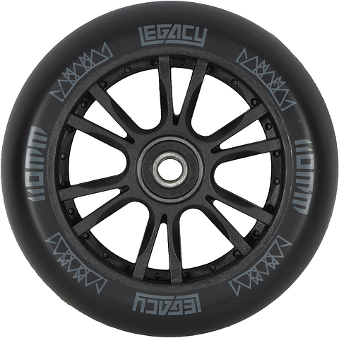 Black Legacy Ventus 110mm stunt scooter wheel featuring twelve spokes and branded graphics on the tire.
