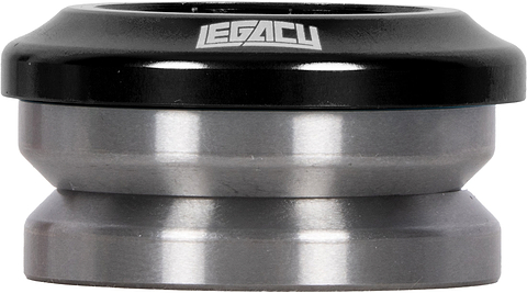 Legacy Velo Integrated Stunt Scooter Headset in black, featuring a top cap with a white logo and two sealed bearing races.