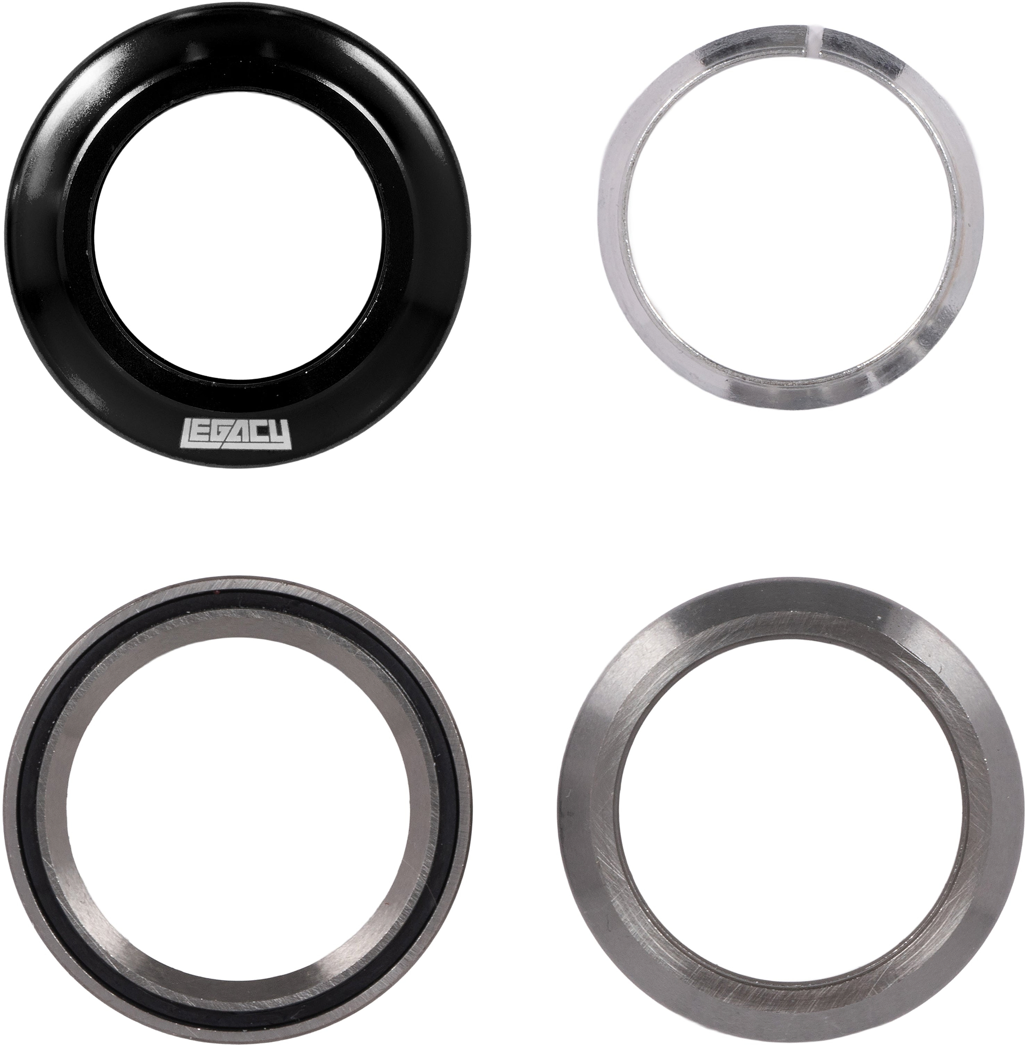 Four circular metal components of a Legacy Velo Integrated Stunt Scooter Headset - Black, including a black top cap, a split ring, and two bearings.