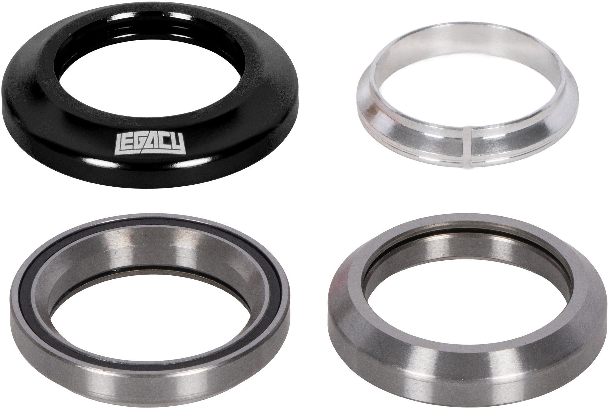 The Legacy Velo Integrated Stunt Scooter Headset - Black, featuring a black top cap with a logo, a silver split crown race, and two sealed metal bearings.