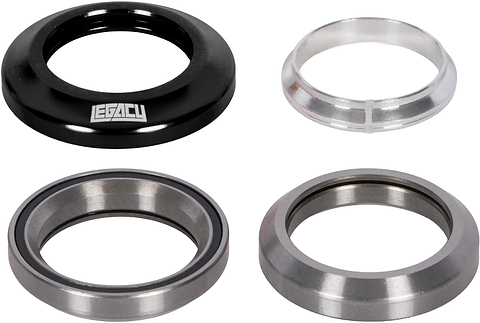 The Legacy Velo Integrated Stunt Scooter Headset - Black, featuring a black top cap with a logo, a silver split crown race, and two sealed metal bearings.