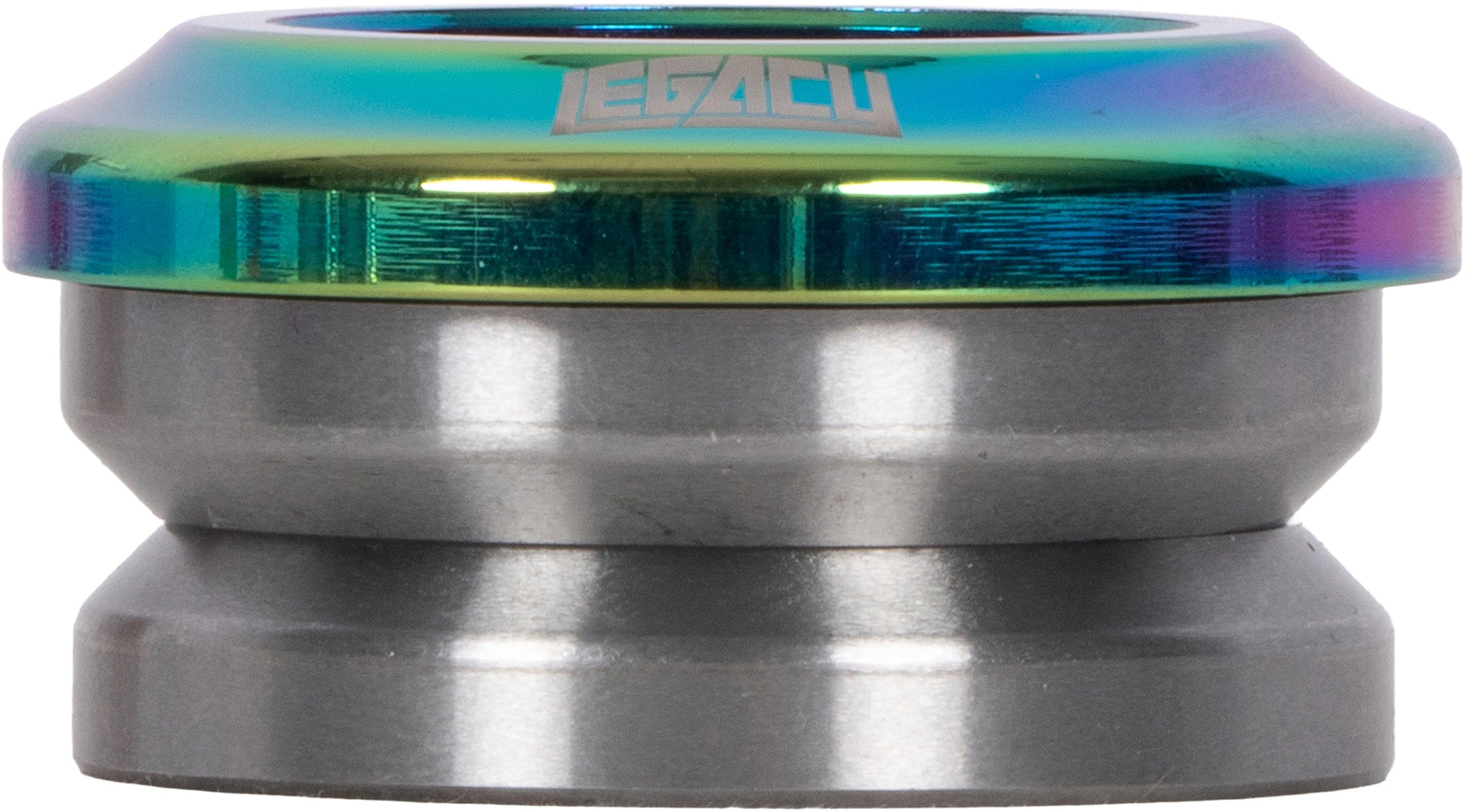 Legacy Velo Integrated Stunt Scooter Headset in neochrome, featuring a metallic top cap with an embossed logo and high-quality sealed bearings.