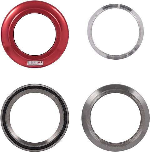 Four components of a Legacy Velo Integrated Stunt Scooter Headset - Anodised Red, including a red top cap with text, a silver crown race, and two sealed bearing rings.