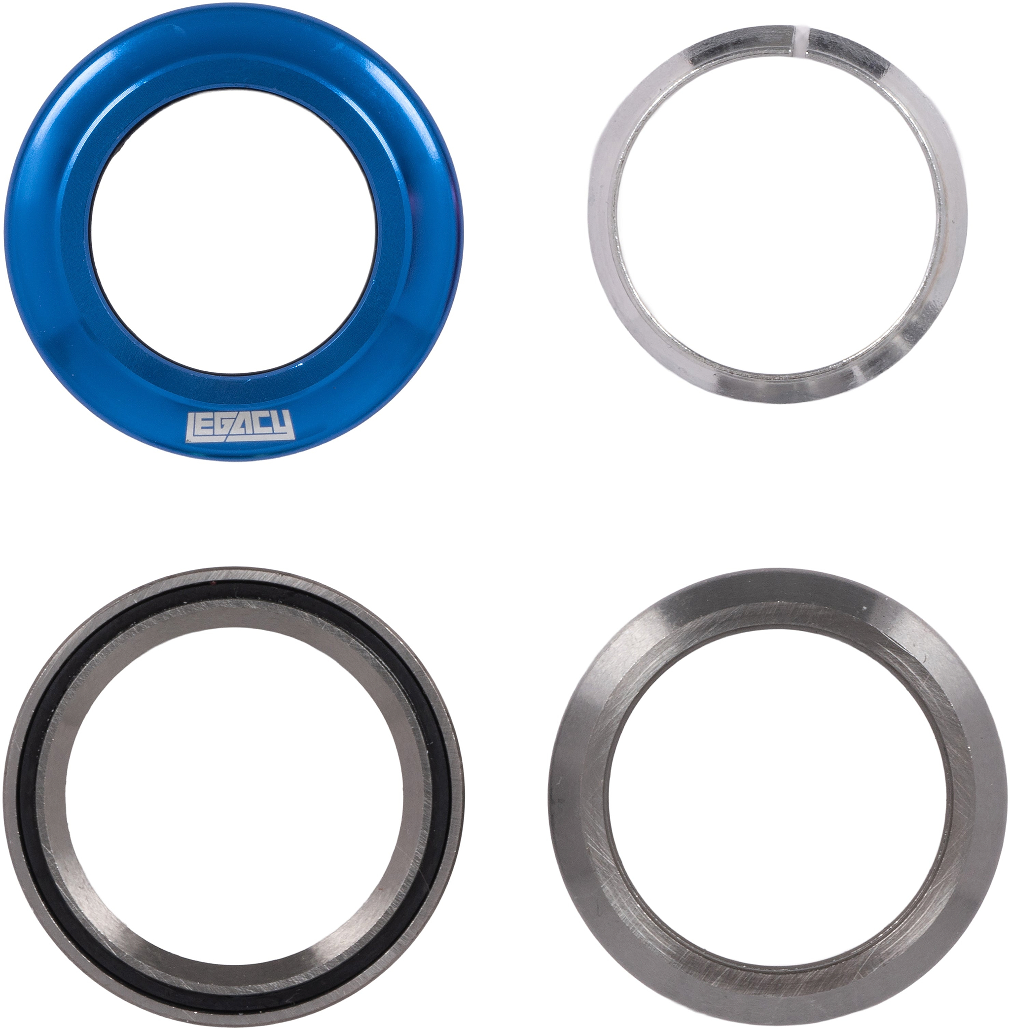 Four components of a Legacy Velo Integrated Stunt Scooter Headset - Anodised Blue, including a blue circular cap, two silver rings, and a dark integrated bearing.