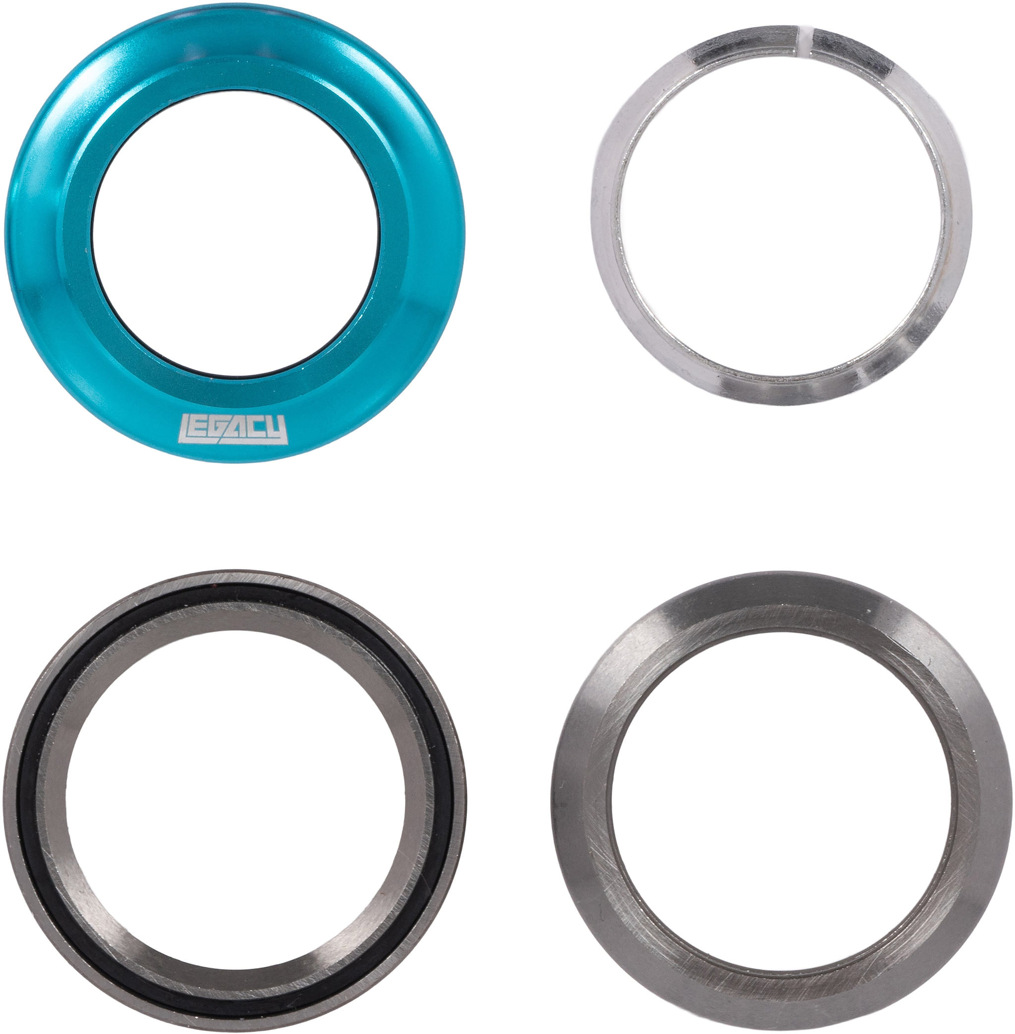 Legacy Velo Integrated Stunt Scooter Headset - Anodised Teal components, including a teal cap with a logo, a silver crown race, and two metal sealed bearing rings.