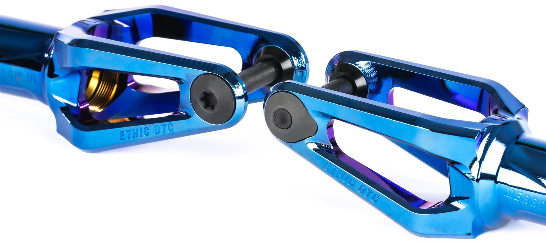 Close-up of two Ethic DTC Merrow V3 8/12STD SCS Stunt Scooter Forks in Chrome Blue with black axle bolts, positioned facing each other on a white background.