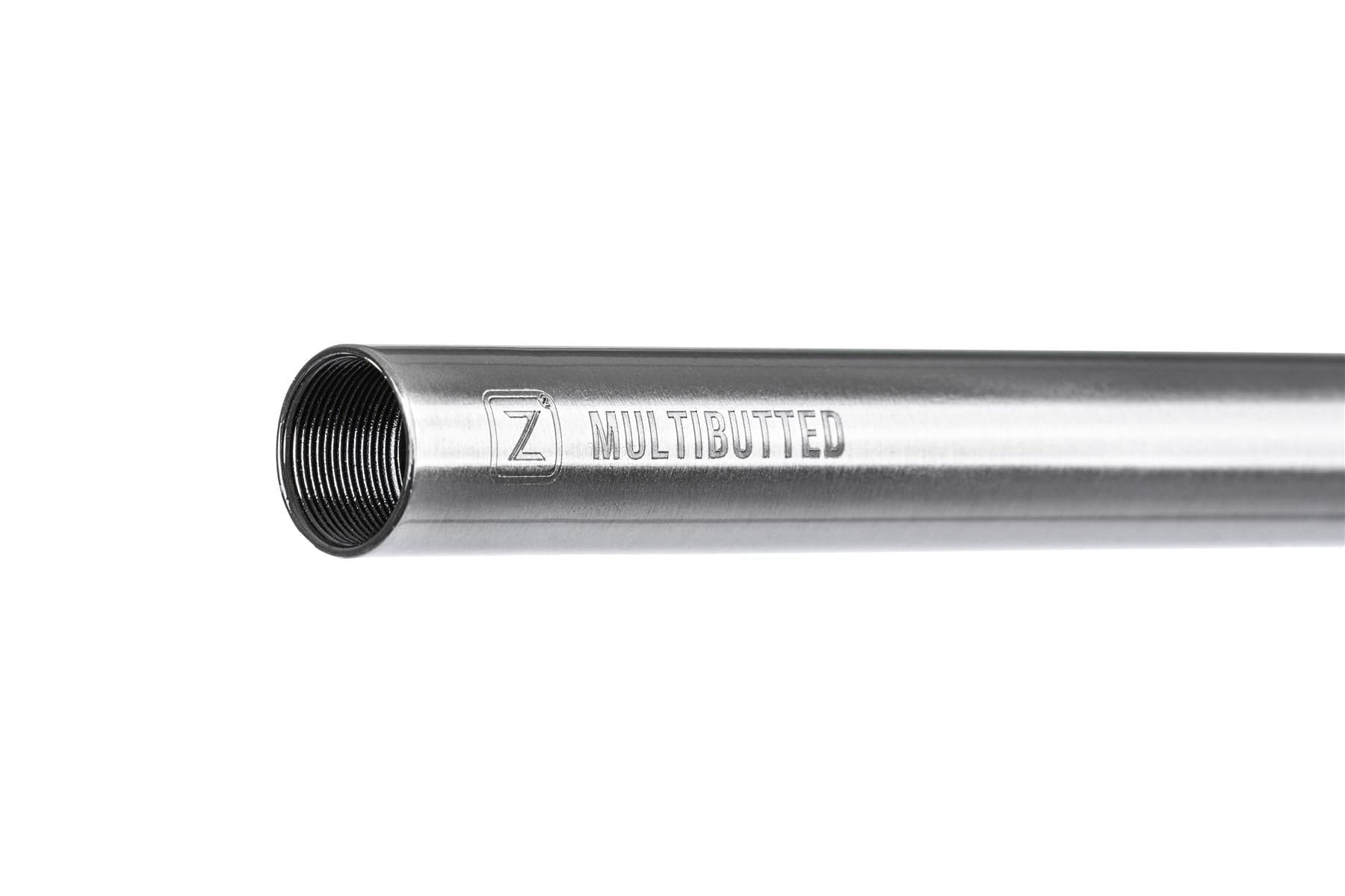 A close-up of the Ethic DTC Deildegast V2 Steel Oversized HIC Stunt Scooter Bars (Raw Silver, 670mm x 600mm) featuring internal threading at one end and "MULTIBUTTED" with a "Z" logo engraved on the metallic surface.