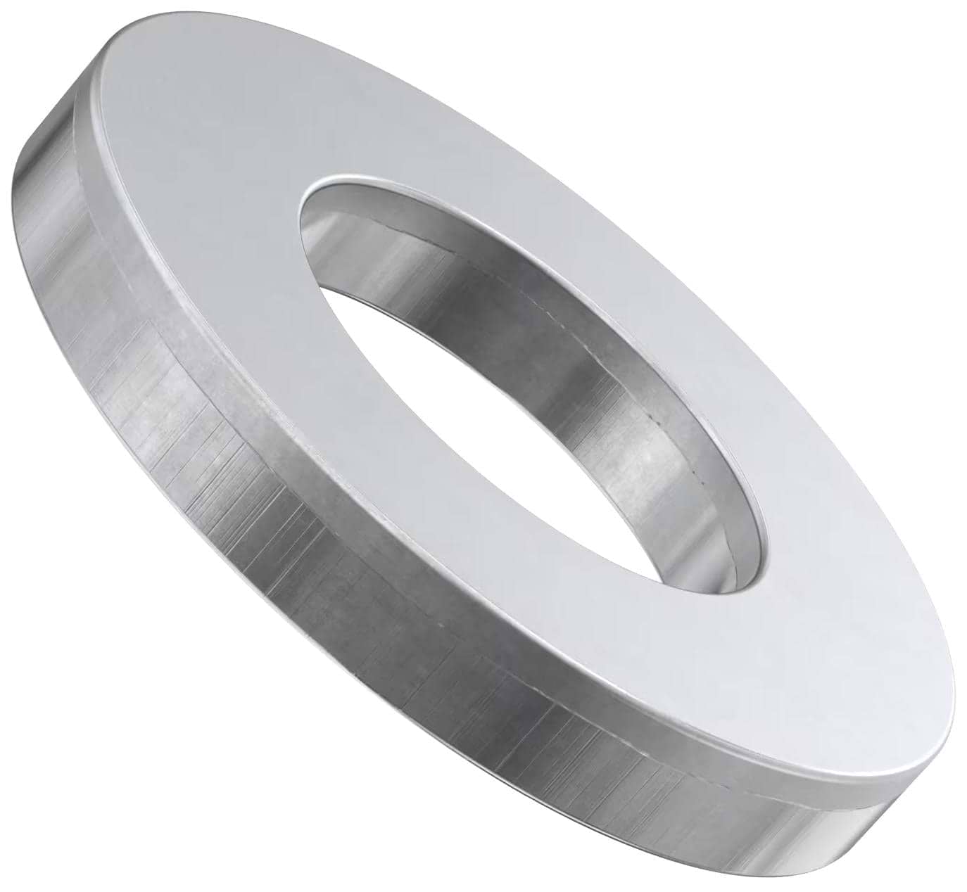 The Universal Scooter Wheel Axle Spacer - 1.8mm by Universal is a silver metallic washer with a smooth finish and central hole, shown angled on white—perfect as a universal scooter axle spacer or for stunt scooter bearings.