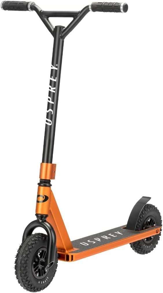 The Osprey Complete Dirt Scooter - Copper features thick pneumatic wheels, a black handlebar and deck, plus the Osprey logo on the frame and deck. Designed for off-road use by Osprey.