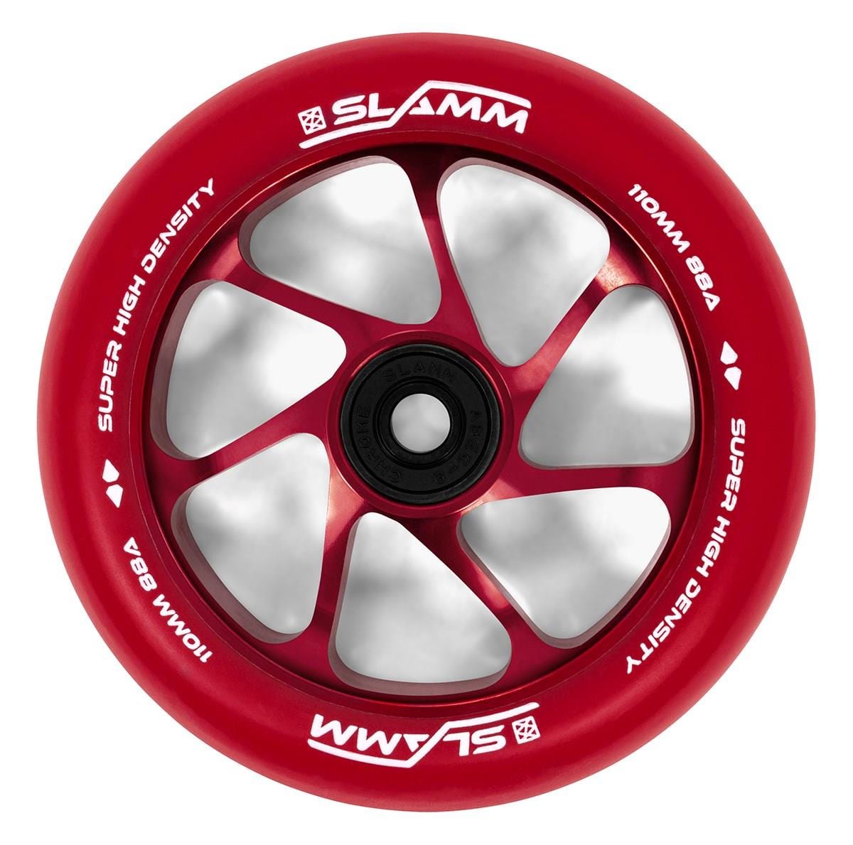 Slamm Team 110mm Stunt Scooter Wheel - Red / Red by Slamm features a premium aluminium core, black hub, silver spokes, and high-rebound PU with white "SUPER HIGH DENSITY 110mm 88A" text for a sleek, modern look.