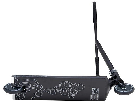 The Root Industries AIR RS V3 Complete Stunt Scooter in black lies on its side, displaying its deck with white cloud-like graphics and two small wheels, while the lightweight handlebars extend upward on the right.