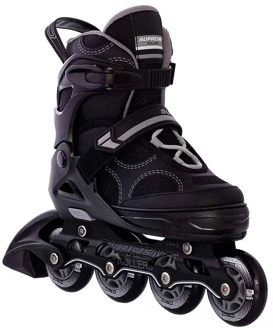 The Supreme Venice Adjustable Kids Inline Skates - Black/Grey by Supreme feature four wheels, sturdy ankle support, adjustable sizing, multiple straps, and detailed stitching—perfect for beginners interested in recreational or fitness skating.