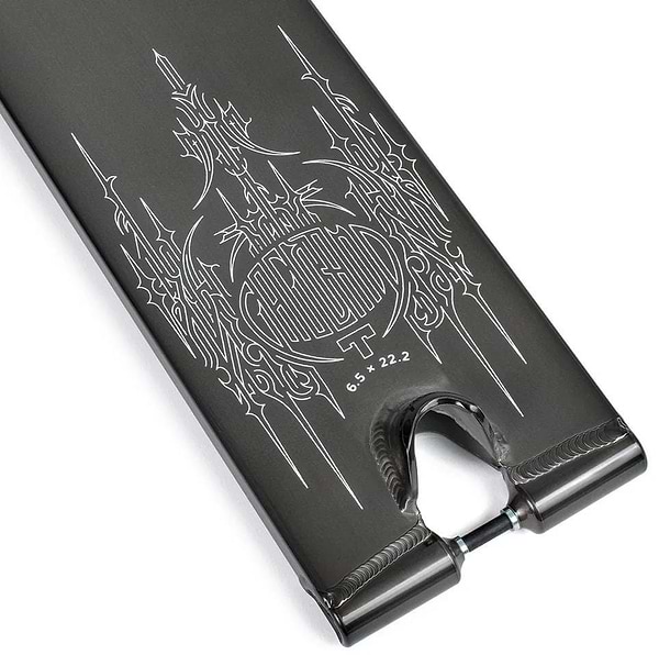 A close-up of the Tilt Selects Gagliano Signature Clear Black Stunt Scooter Deck shows a black 6061-T6 aluminum deck with white gothic line art, “Church” in the center, and “6.5 x 22.2” below the artwork.