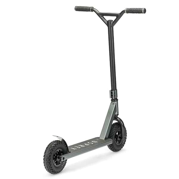 The Osprey Complete Dirt Scooter in Gun Metal Grey features pneumatic 200mm wheels, a black handlebar, and a wide foot deck. Built by Osprey with a sturdy design and rugged tires, it's perfect for absorbing off-road impacts on rough terrain.
