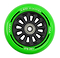 Introducing the Slamm Nylon Core 100mm Stunt Scooter Wheel - Green: a vibrant wheel crafted from durable polyurethane composite, featuring a black core accented with striking white text around the rim. Boldly displaying "SLAMM SCOOTERS," "100mm," and "88A," it is equipped with ABEC 9 Chrome Bearings at its center for a smooth ride.