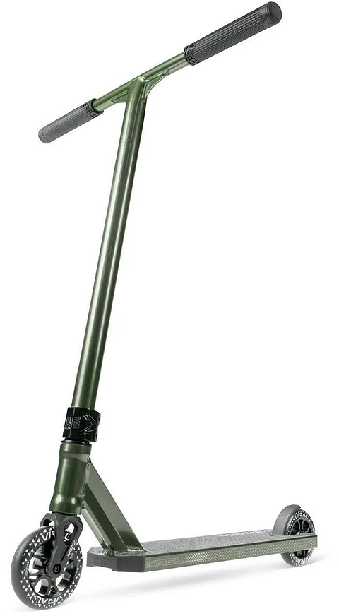 The Madd Gear Viral KAOS Complete Stunt Scooter - Forest features black handlebars, black wheels, and a textured deck, shown from an angle highlighting its front and side—a perfect choice by MGP for skatepark tricks.