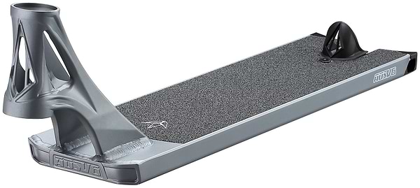 The Blunt Envy AOS V6 Squad Grey Stunt Scooter Deck (5.5" x 22") features black grip tape, an angled head tube, rear wheel brake, and a textured surface for added grip in a sleek, modern design.