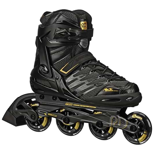 The Roller Derby Aerio V2 Q-60 Mens Inline Skates in black/gold feature 80mm Elite speed wheels, a high ankle boot, adjustable straps, sporty mesh material, and detailed branding on both the boot and wheels.