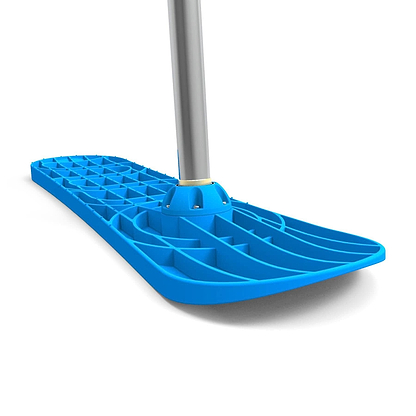 Close-up of the INDO Snowscoot Complete Snow Scooter in Blue Snow, perfect for crafting paths to showcase your pro snow tricks. Its wide, flat blade features a grooved surface for seamless and efficient snow clearing.