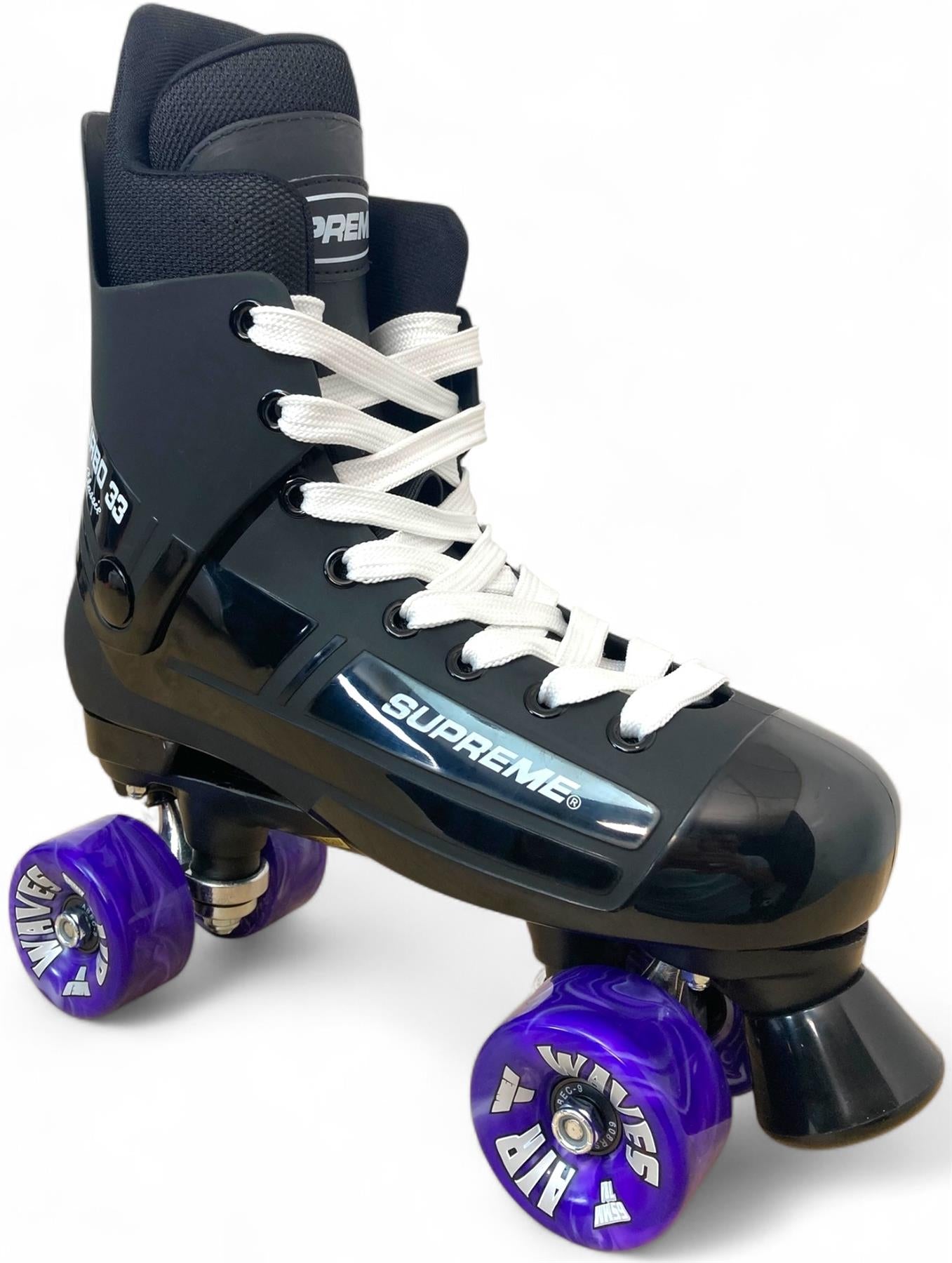 The Supreme Turbo 33 Nylon Quad Roller Skates in black feature white laces, purple swirl wheels, and "SUPREME" branding on the side, displayed against a plain white background.