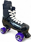 The Supreme Turbo 33 Nylon Quad Roller Skates in black feature white laces, purple swirl wheels, and "SUPREME" branding on the side, displayed against a plain white background.