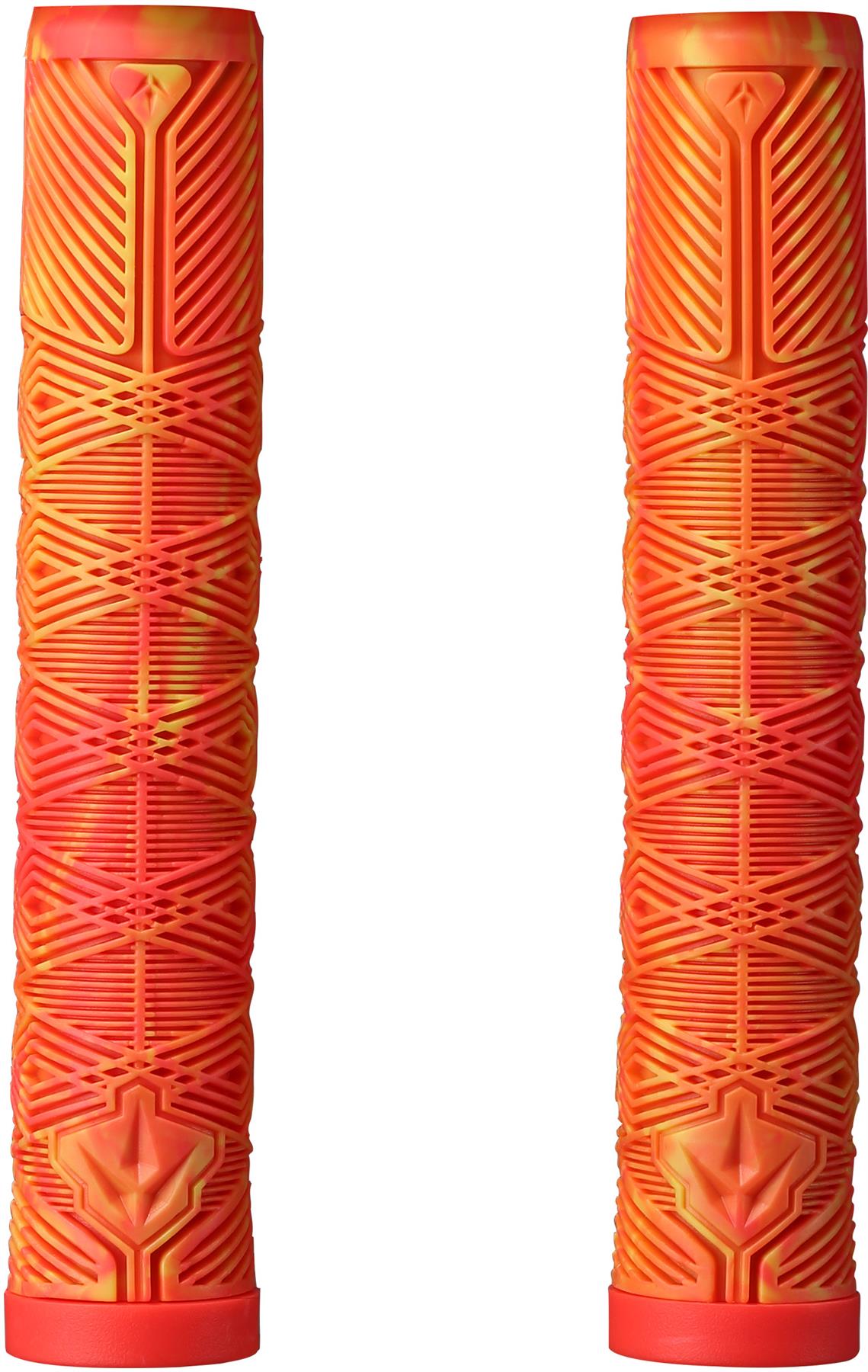 Two Blunt Envy V3 Orange / Red Stunt Scooter Grips (160mm) with a textured geometric pattern, shown upright side by side on a white background.