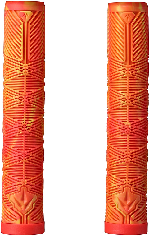Two Blunt Envy V3 Orange / Red Stunt Scooter Grips (160mm) with a textured geometric pattern, shown upright side by side on a white background.