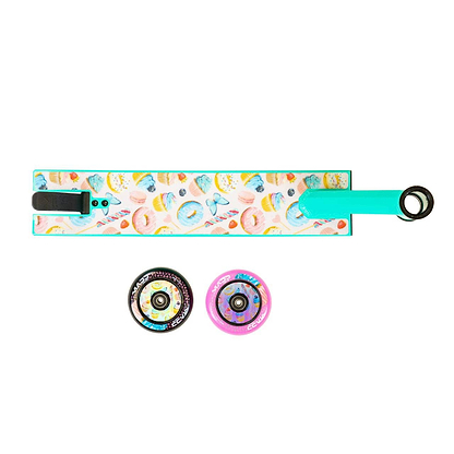 The Madd Gear MG 2 Obsidian Complete Stunt Scooter - Sugar Rush features a vibrant seashell and butterfly design, teal base, and two detachable wheels—one black/turquoise and one pink/purple—ideal for kids 5+, shown on a white background.